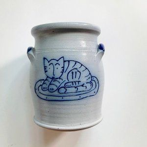 Folk Art Blue Enameled Cat Stoneware Pot Signed By Artist Edith
